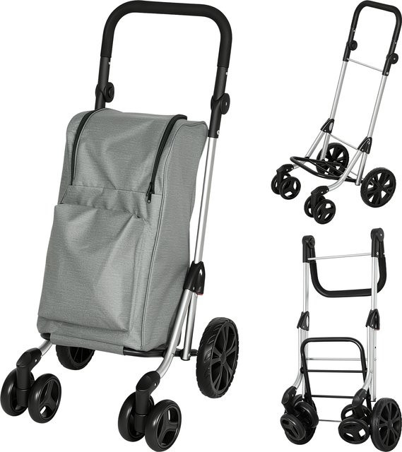 HOMCOM 3in1 Einkaufstrolley klappbar mit Kühlfach und abnehmbarer Tasche, Einkaufswagen und Sackkarre, Grau - Bild 1