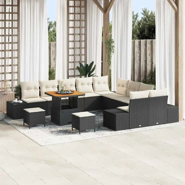 vidaXL Garten-Sofa-Set aus Polyrattan in Schwarz mit Kissen, 13-teiliges U-Shape Lounge-Set mit Tisch und Hockern - Bild 1
