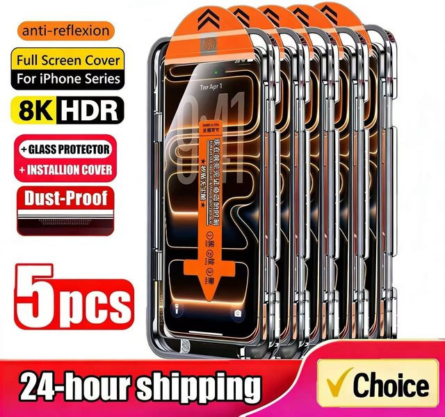5er Pack Displayschutz mit oleophober Beschichtung für iPhone 17 16 15 14 13 12 11 Pro Max und Air Modelle, transparent, staubfreier Einbau - Bild 1