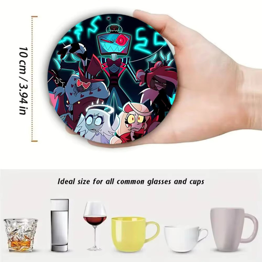 Runde Holzuntersetzer Hazbin Hotel Alastor Design für Tee und Kaffee, Durchmesser: 10 cm, Mehrfarbig - Bild 4