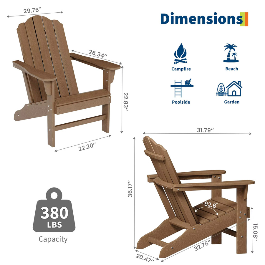 HiMISS Adirondack-Stuhl Set aus wetterfestem HDPE-Kunstmaterial in Braun mit Holzmaserung für Garten und Terrasse, 2 Stück - Bild 2
