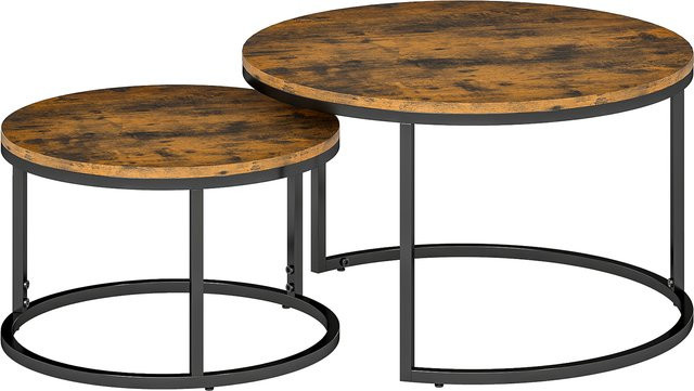 HOMCOM 2er Set Couchtisch rund mit Metallrahmen und Holzoptik in Braun und Schwarz - Bild 1