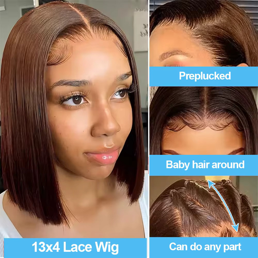 POPVIBES Echthaar-Perücke, Schokoladenbraun, Brasilianischer Bob, 13x4 HD Lace Front - Bild 4