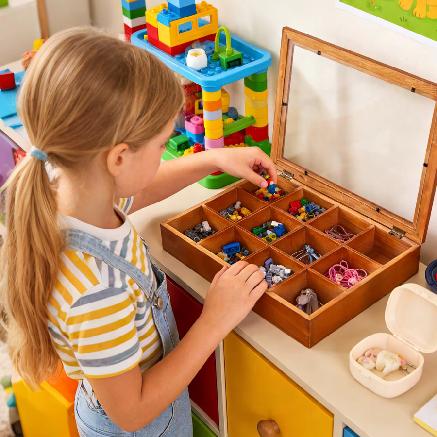 Teebeutel-Aufbewahrungsbox aus Holz mit 12 Fächern und transparentem Deckel in Braun - Bild 3