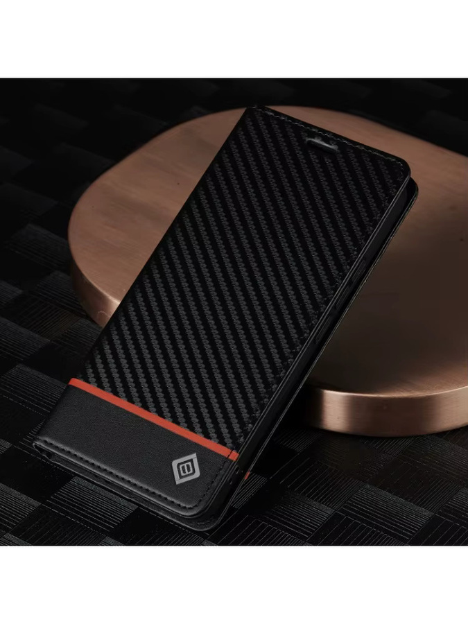 EUCAGR Handyhülle aus Carbonfaser und PU-Leder für Xiaomi 17T Pro mit Kartenfach und Abdeckung, Schwarz - Bild 4