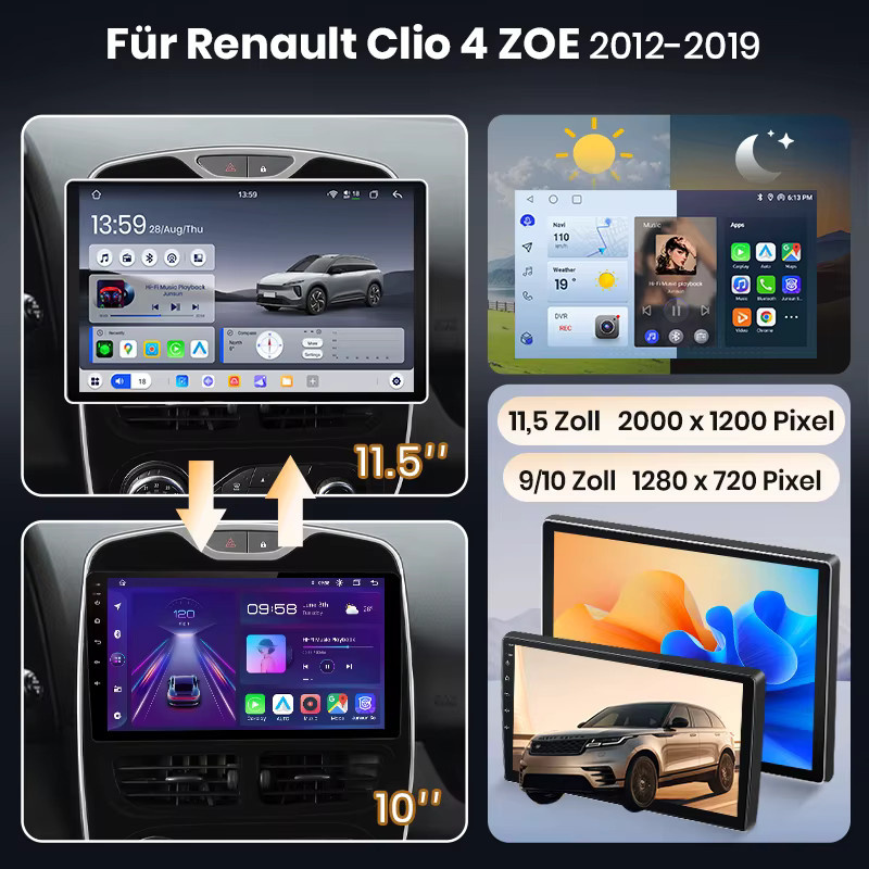 Junsun Android 15 Autoradio für Renault Clio 4 und ZOE (2012-2019) mit 10 Zoll IPS-Bildschirm, kabellosem Apple CarPlay und Multimedia-Videoplayer in Schwarz - Bild 2