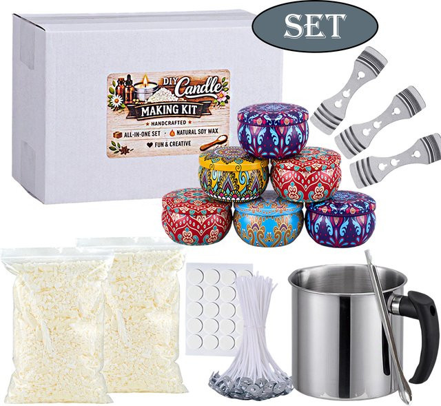 UDOCOOL Sojawachs-Set mit 304 Wachsschmelzbechern, Löffel, 907 g Natur-Sojawachs und 6 weißen Blechdosen in Multicolour für deine DIY Kerzenherstellung - Bild 1