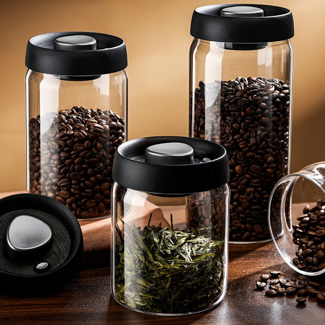 OANKR Vakuum-Kaffeebehälter aus Glas, luftdichter Aufbewahrungsbehälter für Kaffeebohnen, transparent/schwarz, 500 ml - Bild 1