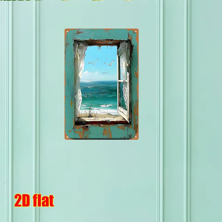 Vintage Metallschild CIFBUY Gebrochenes Fenster mit Möwen am Meer Retro Blechbild Wandkunst B: 30 cm, H: 20 cm, T: 1 cm, Mehrfarbig - Bild 3