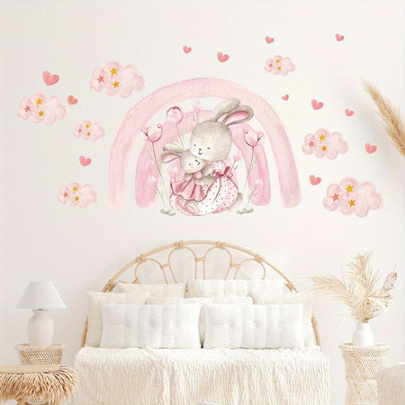 BRUP Wandaufkleber für Kinderzimmer mit Rosa Regenbogen, Herz, Wolke und Kaninchen Design