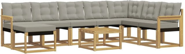 vidaXL Outdoor-Sofagarnitur 9-teilig aus Akazienholz und Textilene in Weiß-Hellgrau mit Kissen und L-Form - Bild 1
