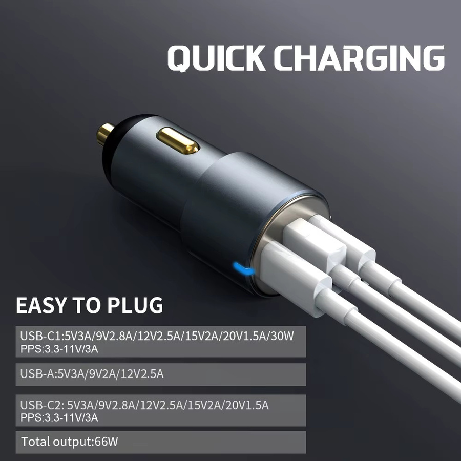 UBIGBUY 66W 3-Port Autoladegerät mit 2 USB-C PD30W und 1 USB-A 30W QC3.0 Schnellladegerät für iPhone, Samsung und iPad - Bild 4