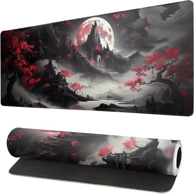 Japanisches rotes Vollmond-Mauspad mit schwarzem Riverside-Design für Gaming und Büro - Bild 1