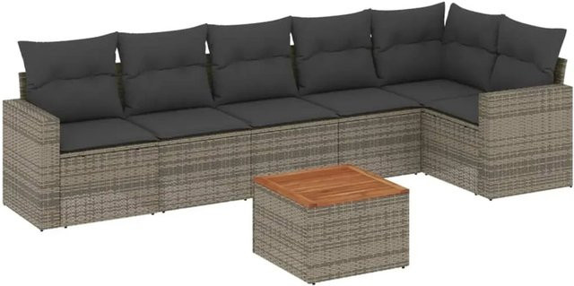 vidaXL 7-tlg Garten-Sofagarnitur aus Poly Rattan mit Kissen in Grau und Akazienholz - Bild 1