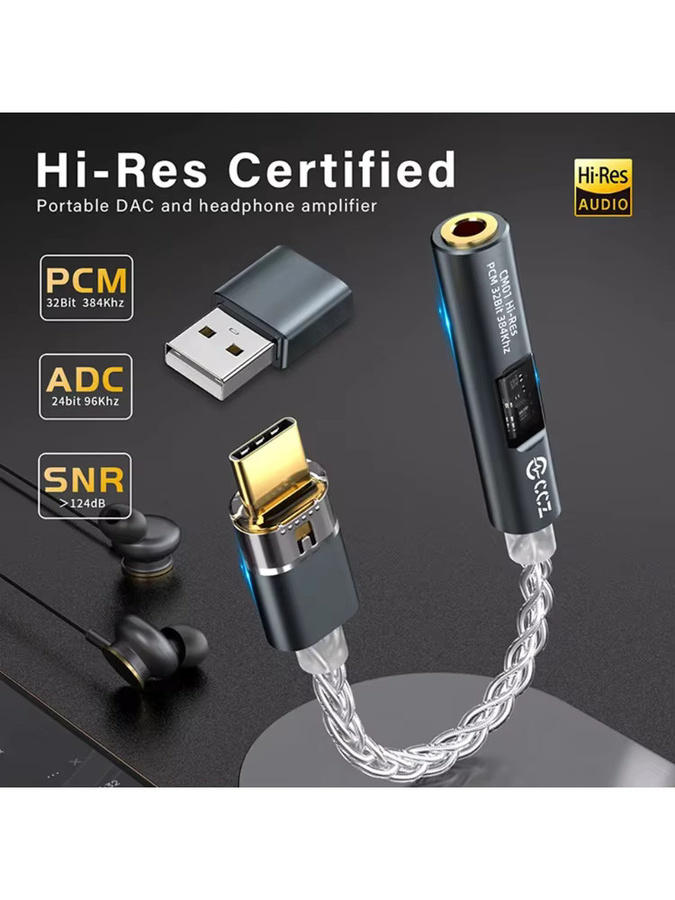 CCZ CM01 USB-C auf 3,5mm Audio-Adapter mit CX31993+MAX97220 DAC-Chip, 8-Kern Einkristall-Kupfer versilbertes Kabel, Blau/Silber - Bild 5