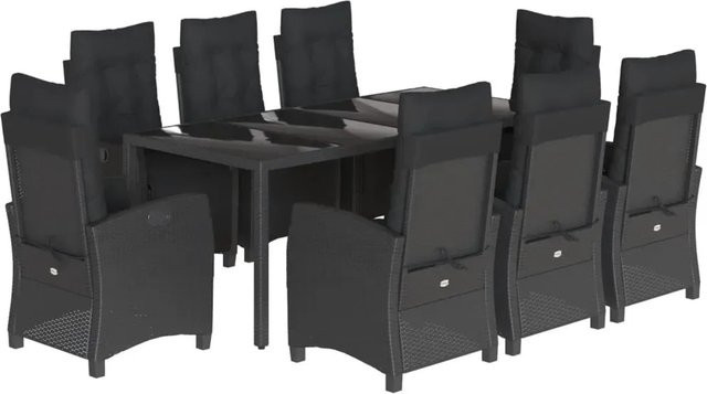 vidaXL 9-teilige Garten-Essgruppe aus Poly-Rattan mit Kissen und Hartglas in Schwarz - Bild 1