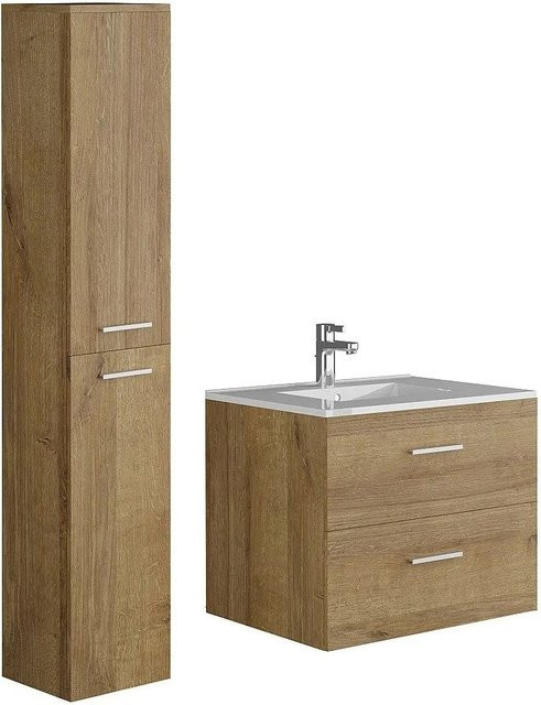 Vente-unique Badmöbel-Set Kayla in Naturfarben Hell bestehend aus hängendem Badezimmerschrank, Einzelwaschbecken und Ablagesäule mit einer Breite von 60 cm - Bild 1