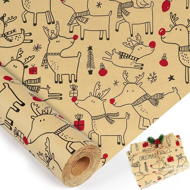 Weihnachts-Geschenkpapier mit Hirsch-Design in Beige und Multicolour, 1 Rolle Kraftpapier, Breite: 43,18 cm, Länge: 149,86 cm - Bild 1