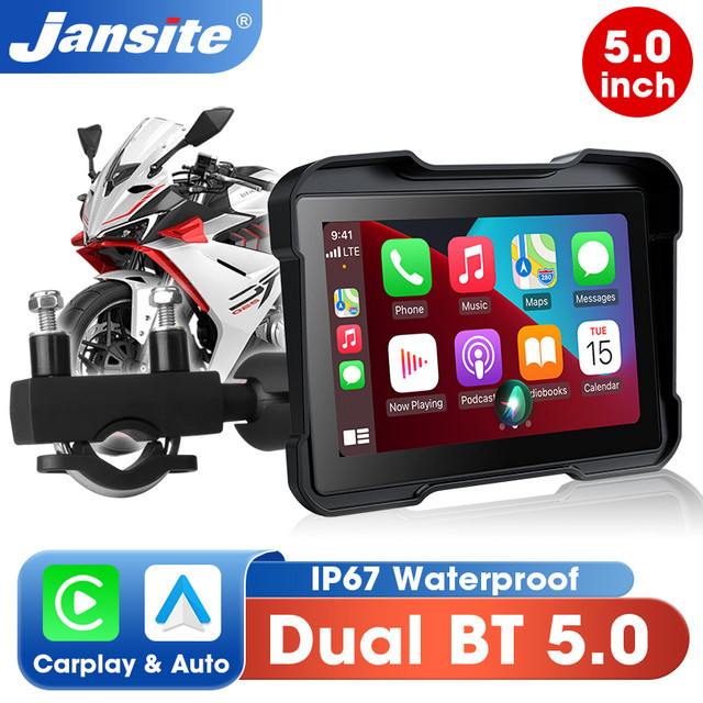 Jansite 5 Zoll Motorrad Navigation Display mit Wireless CarPlay und Android Auto, IP67 wasserdicht, Dual Bluetooth, Schwarz - Bild 1