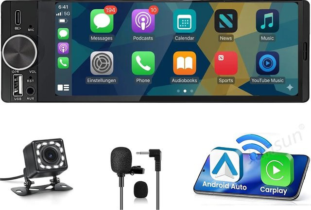 Junsun 1 DIN Carplay Display mit GPS in Schwarz, 6 Zoll - Bild 1