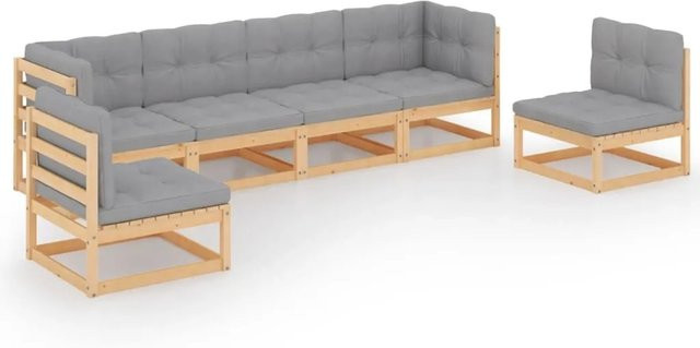 vidaXL 6-tlg Garten-Lounge-Set aus massivem Kiefernholz in L-Form mit grauen Polsterkissen - Bild 1