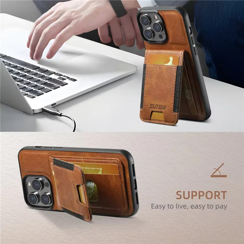 EUCAGR Luxus Leder Brieftasche Handyhülle mit Kartenhalter und Magnetverschluss für iPhone 16 15 14 13 12 11 Pro Max Plus XS XR in Braun - Bild 4
