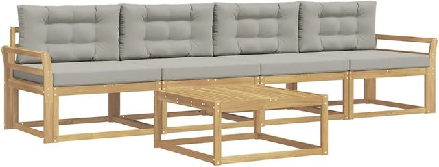 vidaXL Outdoor-Sofagarnitur aus Akazienholz mit 3er-Sofa, Couchtisch und Kissen in Weiß und Grau - Bild 1