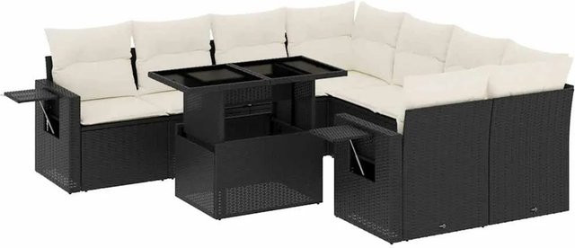 vidaXL 9-teilige Garten-Sofagarnitur in L-Form aus Polyrattan mit Kissen in Schwarz-Creme - Bild 1