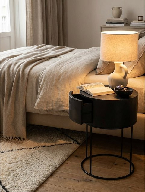 KADIMA DESIGN Nachttisch aus Mango Massivholz und Metall in Schwarz, Rund mit Schublade, B/T/H: 40 x 40 x 60 cm - Bild 1