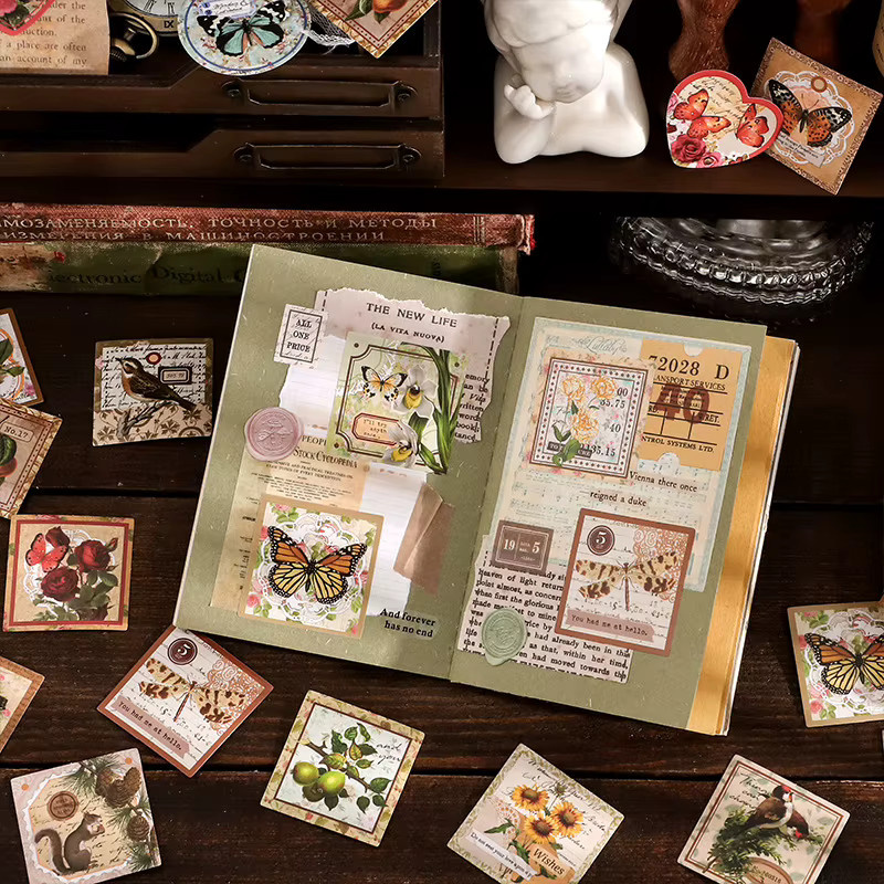 46-teiliges Mini-Aufkleber-Set mit Schmetterlings- und Blumenmotiven im Vintage-Stil, selbstklebend, Mehrfarbig - Bild 3