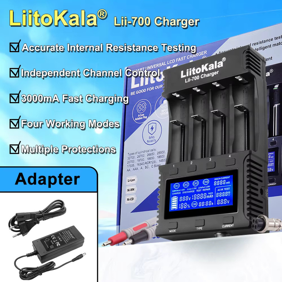 Liitokala Lii-700 Batterieladegerät in Schwarz für 18650 26650 16340 18500 Akkus mit Innenwiderstandsmessung - Bild 2