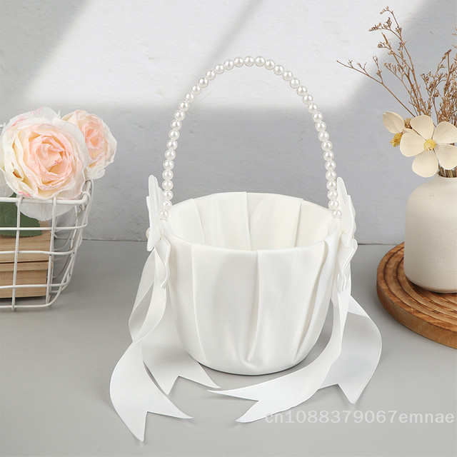 ZYAS Blumenkorb für Hochzeiten mit Perlengriff und Satin-Schleife in Weiß im rustikalen Western-Stil - Bild 1