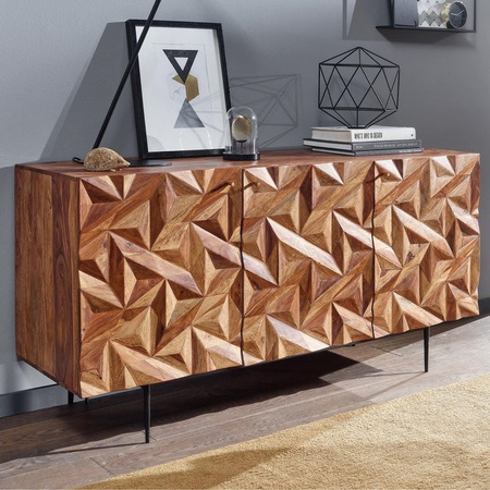 Finebuy Sideboard aus Massivholz Sheesham mit 3 Türen im Retro 3D Design, Farbe Braun/Schwarz, Breite: 145 cm