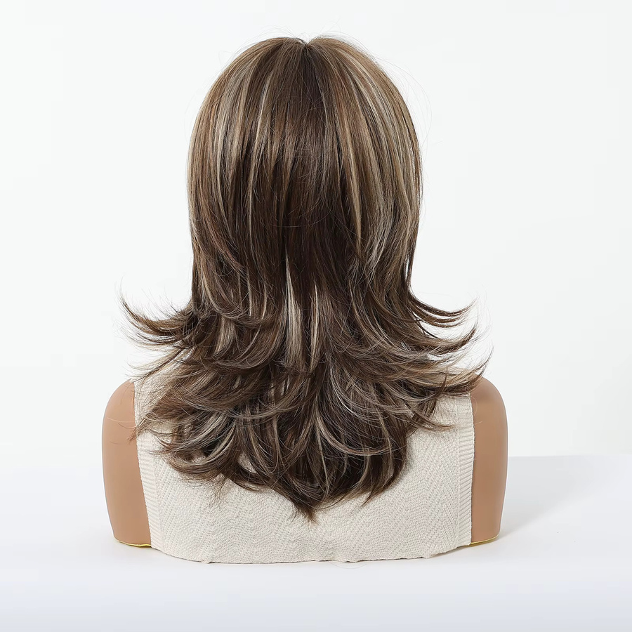 EASIHAIR Perücke, schulterlanges Synthetikhaar mit Pony, braun-blonde Highlights, Damen - Bild 2