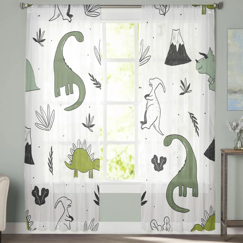 A Family Of Home Textiles Transparenter Voile-Hängevorhang mit Dinosaurier- und Pflanzen-Motiv in Tiergrün, Breite: 135 cm, Höhe: 244 cm - Bild 2