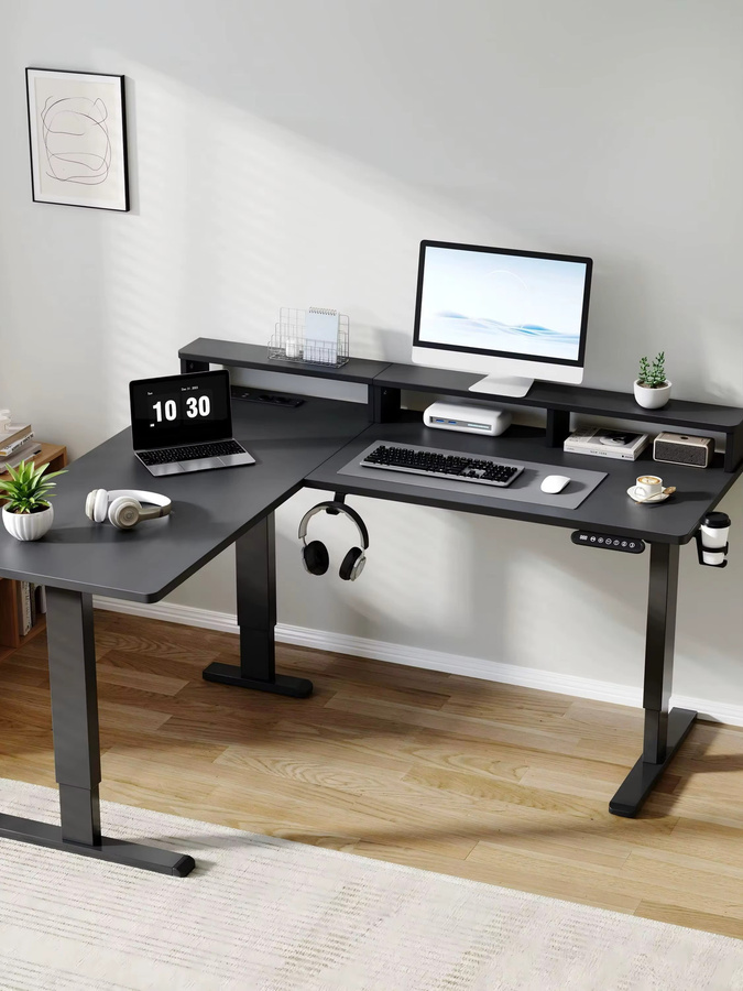 ThomP Elektrischer L-Form Schreibtisch mit 3 Motoren und Memory Steuerung, Eckschreibtisch in Schwarz mit Monitorständer, Kopfhörerhalter und Getränkehalter, Tischplatte aus Holz, B/T: 160 x 140 cm - Bild 6
