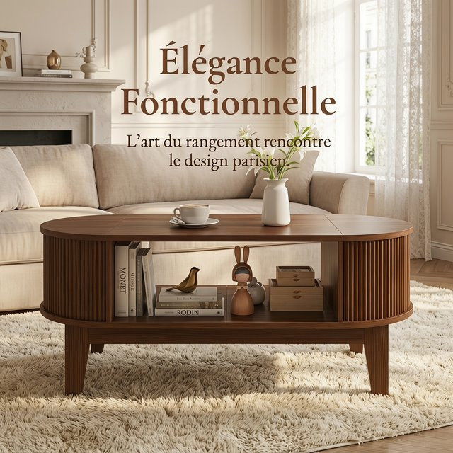 Moderner ovaler Couchtisch WoodenAura aus Walnussholz mit Aufbewahrungsfächern im skandinavischen Design, Farbe: Walnuss, B/T: 100 x 50 cm - Bild 1