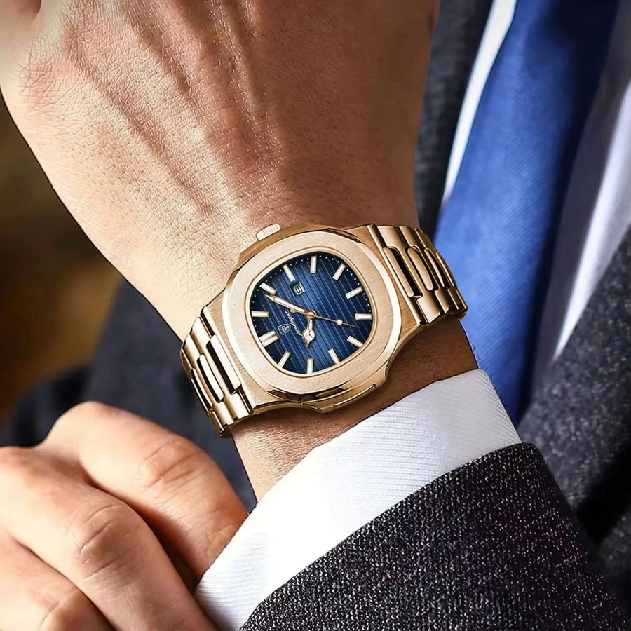 POEDAGAR Armbanduhr Quarz, Edelstahl, Eckig, Blau, Herren - Bild 6