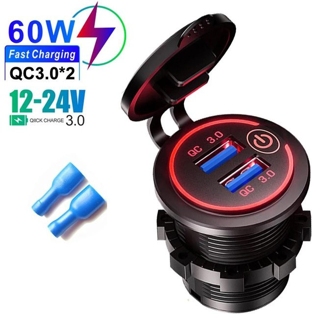 Meiteai-Car&Motor 60W Dual-USB QC3.0 Schnellladegerät für das Auto mit Touch-Schalter und LED-Licht, Schwarz, 12V/24V - Bild 1