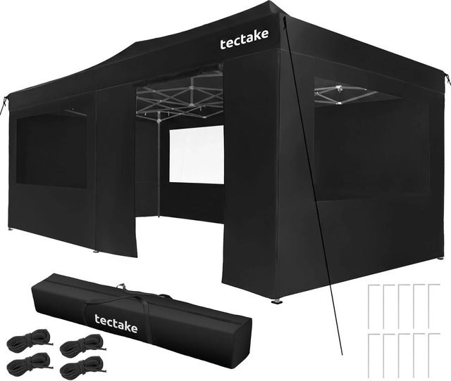 tectake Aluminium Faltpavillon Viola Schwarz wasserdicht mit 6 Seitenteilen, Fenstern und Reißverschluss, B/T/H: 600 x 300 x 316 cm - Bild 1