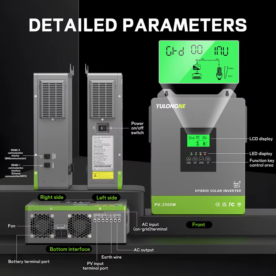 YULONGNE Hybrid-Solarwechselrichter 1800W mit 100A MPPT Solar-Laderegler, 12V DC zu 230V AC Reine Sinuswelle, Off-Grid System, Farbe: Grau - Bild 3
