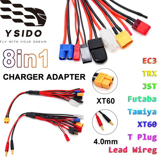 YSIDO RC-Ladegerät-Adapter, 8-in-1-Akku-Ladekabel, XT60, 4,0 mm Bananenstecker auf TRX Tamiya JST EC3 T-Stecker für RC-Car-Drohne - Bild 1