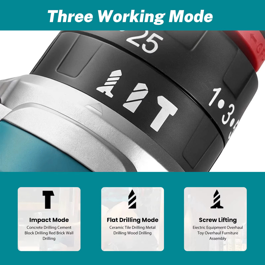 Makita 3-in-1 Elektrischer Schlagbohrer mit 25+3 Drehmoment, Kabelloser Handbohrer für Holzbearbeitung, Kompatibel mit Makita LXT 18V Akku - Bild 4