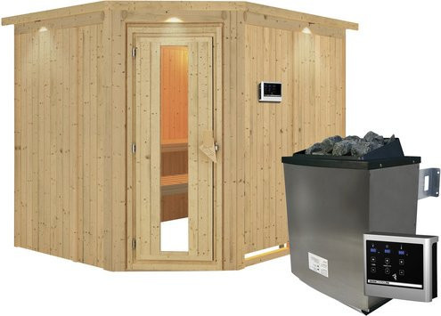 Karibu Sauna Haaspsalu aus Fichtenholz mit 9 kW Saunaofen und externer Steuerung für 4 Personen, beige, B/T/H: 231 x 198 x 196 cm - Bild 1