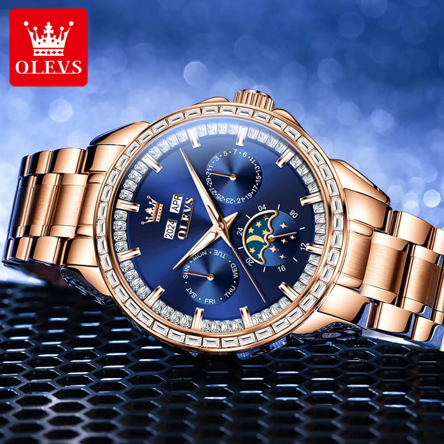 OLEVS Armbanduhr, Automatik, Edelstahl, Bicolor, Roségold, Blau, Herren - Bild 2