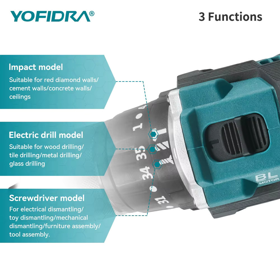 YOFIDRA Bürstenlose elektrische Schlagbohrmaschine mit 35+3 Drehmomentstufen, kompatibel mit Makita LXT Akkus, Akkubohrschrauber für Holzbearbeitung - Bild 4