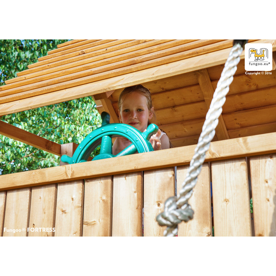 Fungoo Spielturm Fortress aus Teakholz mit Rutsche, Holzdach, Kletterseil, Kletterwand und Leiter - Bild 4