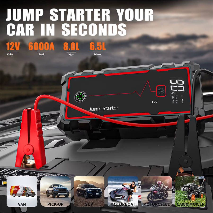 4-in-1 Auto-Starthilfe mit 6000A Spitzenstrom, Notfall-Batteriebooster, 150PSI Luftkompressor und USB-Schnellladung in Schwarz - Bild 3