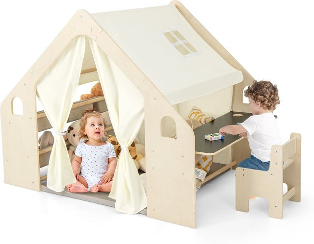 GOFLAME 6-in-1 Kinderzelt aus Holz mit Kindertisch, Stuhl, Regal, Matte und Tafel in Beige und Weiß im skandinavischen Design - Bild 1