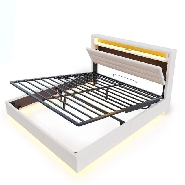 Merax Polsterbett mit LED-Beleuchtung, USB-Anschluss und Hydraulik-Lift in Beige, B/T/H: 140 x 200 x 141 cm - Bild 1